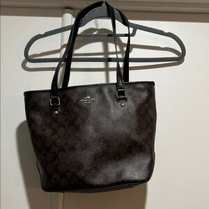 Coach Dark Brown Signature Canvas Tote with Black Straps